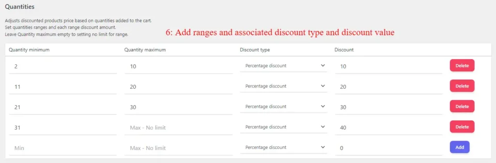 WooCommerce tiered pricing rule ranges with associated discount type and discount value